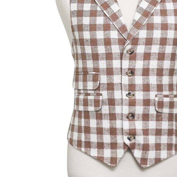 Mens Vest 44R Brown Beige Plaid Check Waistcoat XL Western Casual Preppy Party - Picture 7 of 9